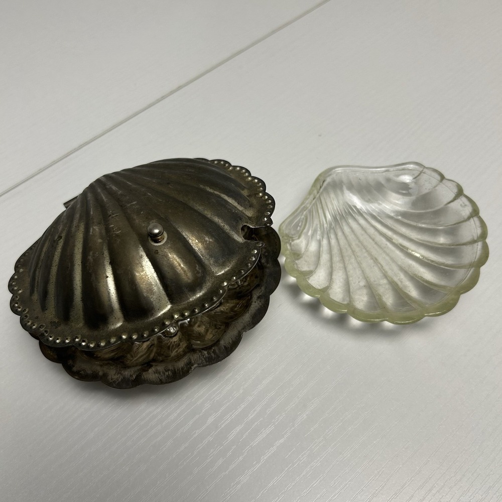 Vintage Silver Plated Clam Shell Caviar / Butter Dish w/ Glass Insert PATINA